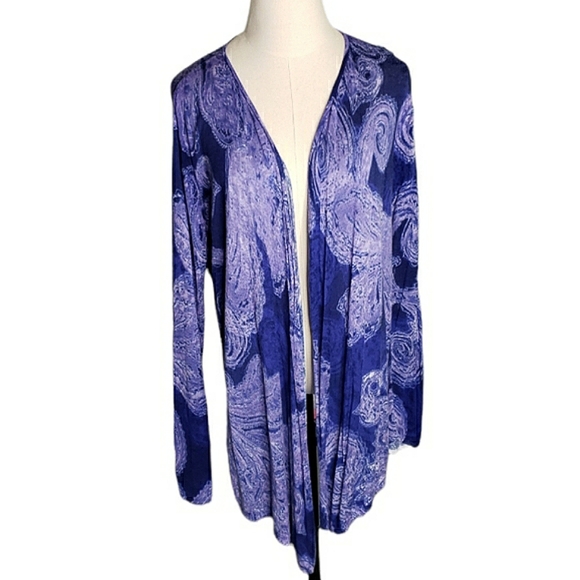 Purple Paisley Starry Night Artsy Open Rayon Knit Cardigan Boho Festival Chico's - Picture 7 of 11